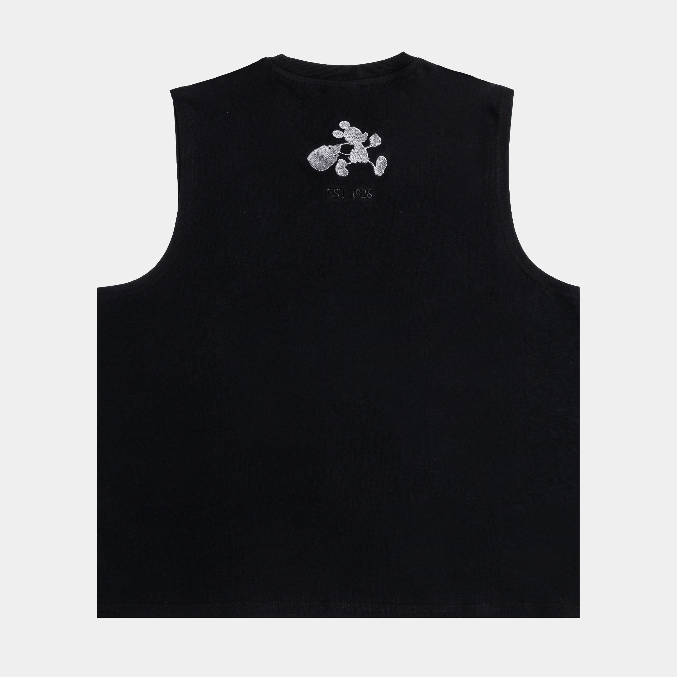 Black sleeveless shirt featuring Mickey Mouse graphic and text.