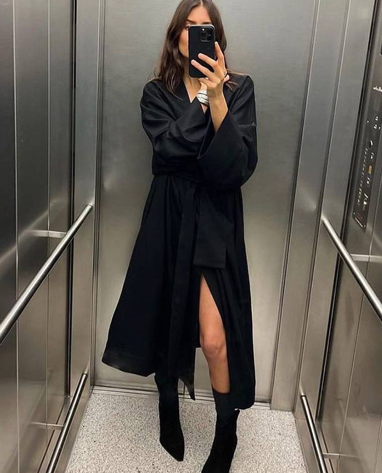 Black Wool Cashmere Flannel Robe Coat