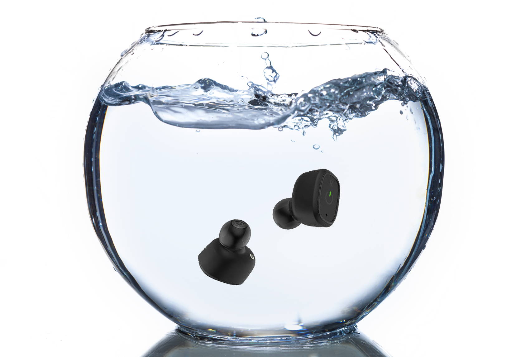  xS2 Waterproof Earbuds in  fish bowl full of water