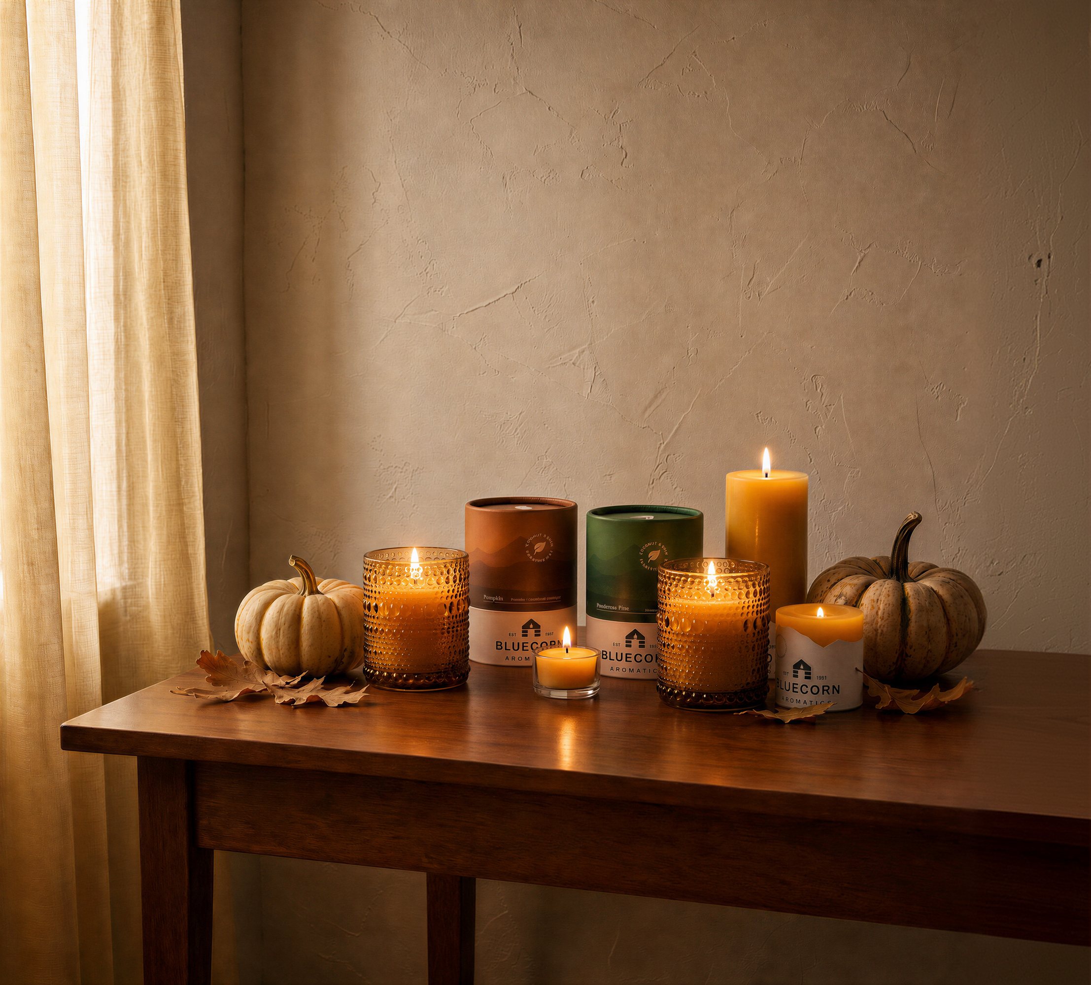 A fall table set with lit Bluecorn beeswax and Aromática candles, pumpkins and autumn leaves