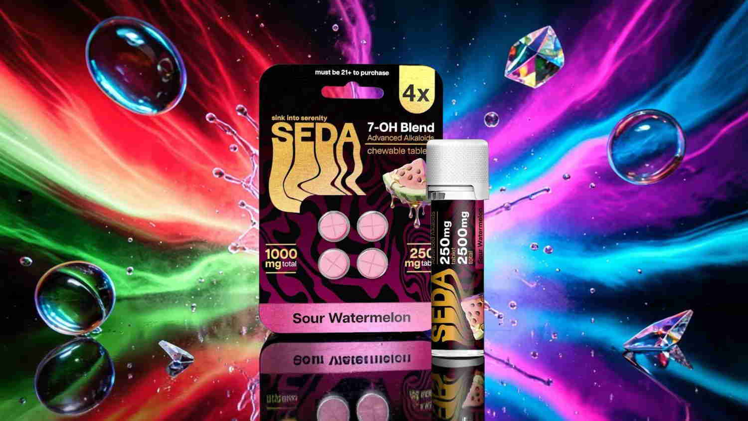 Colorful background with a product package and a bottle on display.