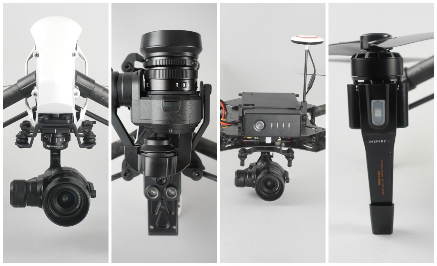 Four different drone parts displayed from various angles.