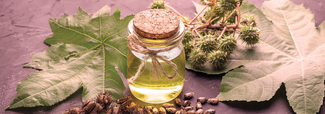 Bottle of oil surrounded by leaves and seeds.
