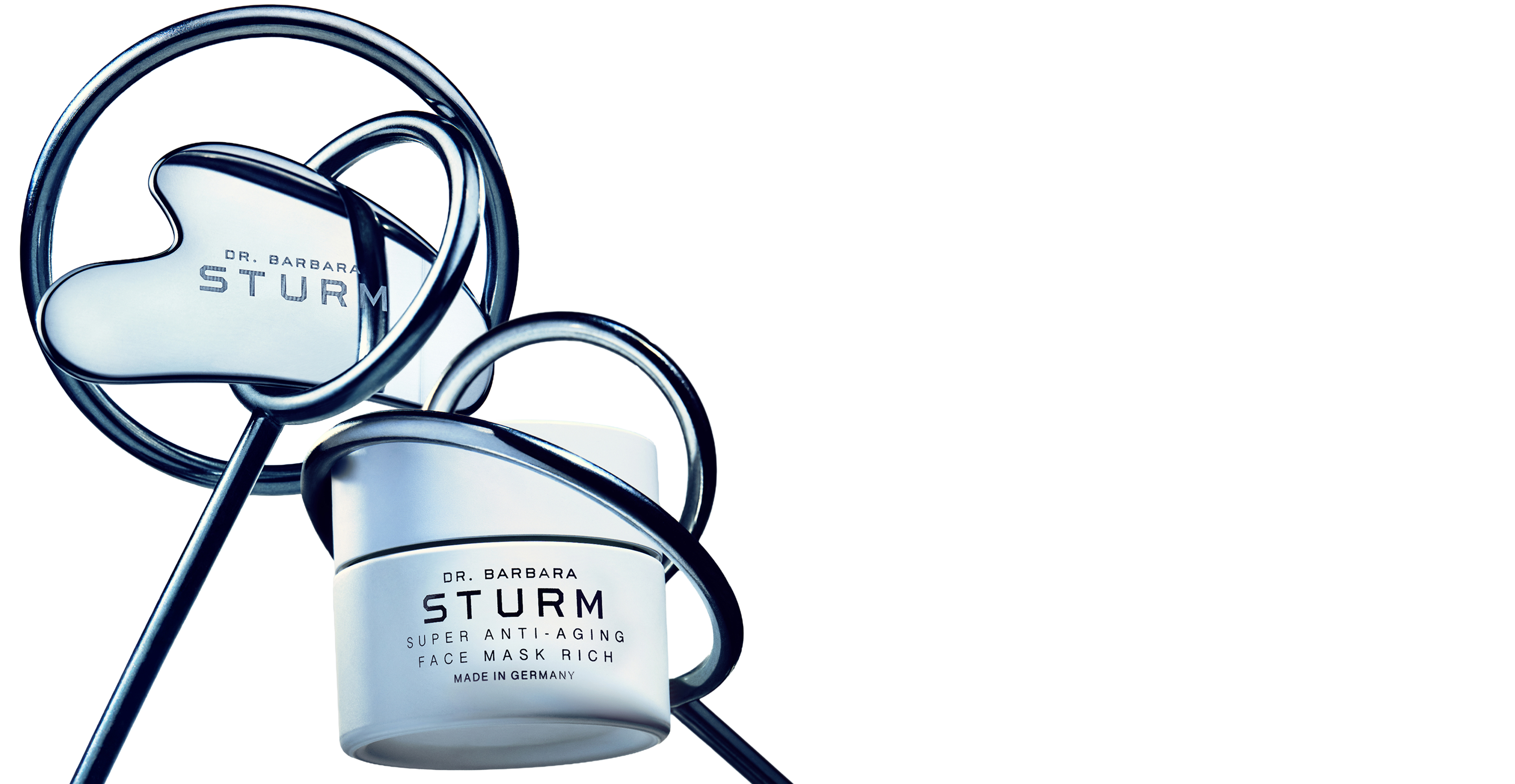 Cream jar with a blue outline and logo, accompanied by a curved line design.