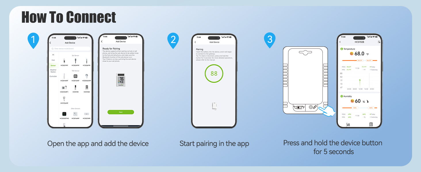 Screenshots showing steps to connect via a mobile app.