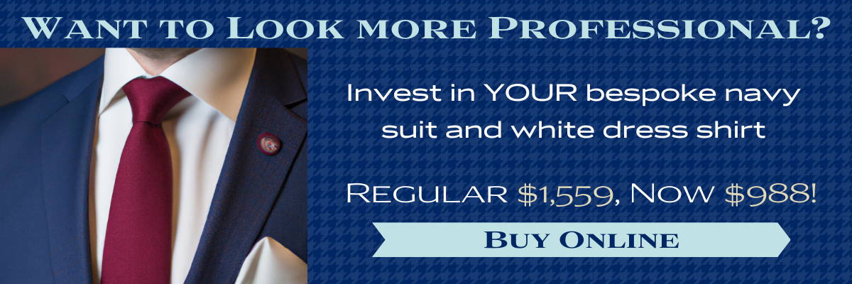 A perfect bespoke outfit for a car salesman with a navy suit, white dress shirt, maroon tie and white pocket square with text on a special offer for the suit and dress shirt.