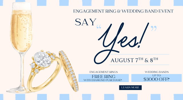 Engagement ring and wedding event invitation with champagne glass and text.