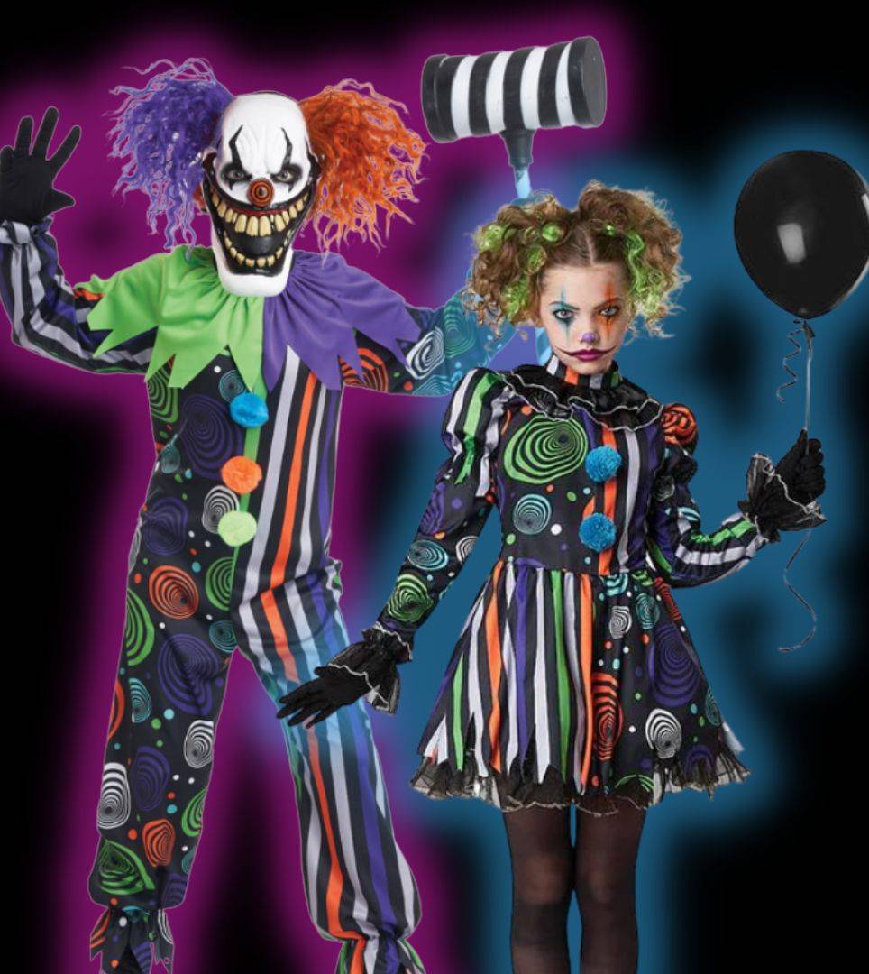 Boy and girl in colourful scary clown costumes. Shop all creepy clown costumes.