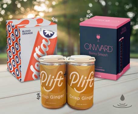 Cans of ginger drink with packaging in a natural background.