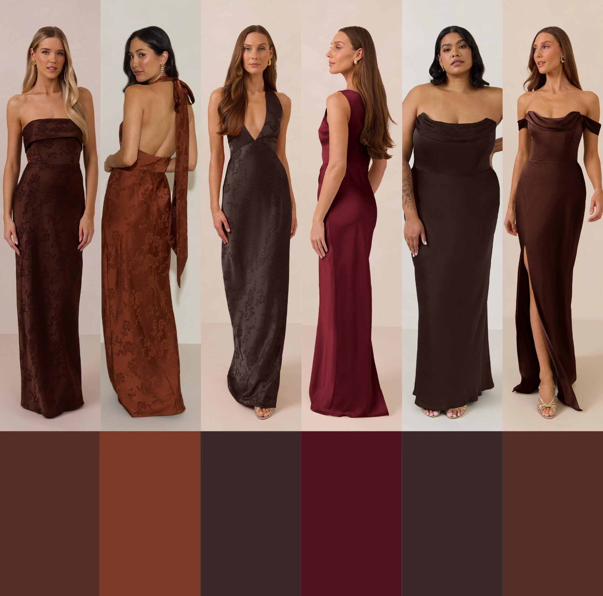 Six fabric swatches in various shades of dark red and brown.