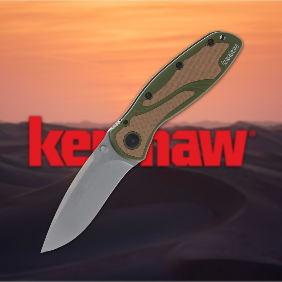 A knife with a camo handle against a sunset background with 