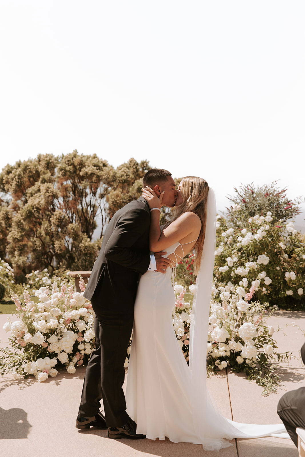 Bride in Honey Silk and Veil with husband