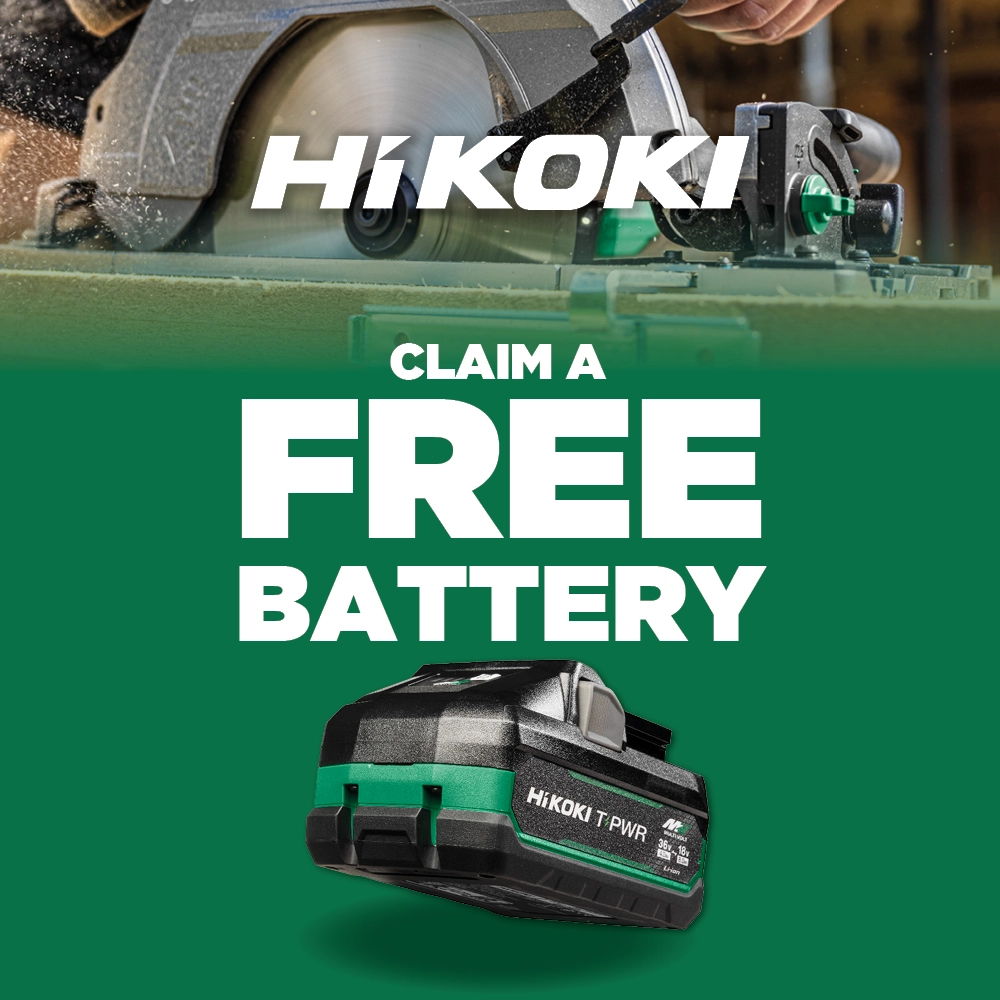 HiKOKI promotion for a free battery with tool purchase.