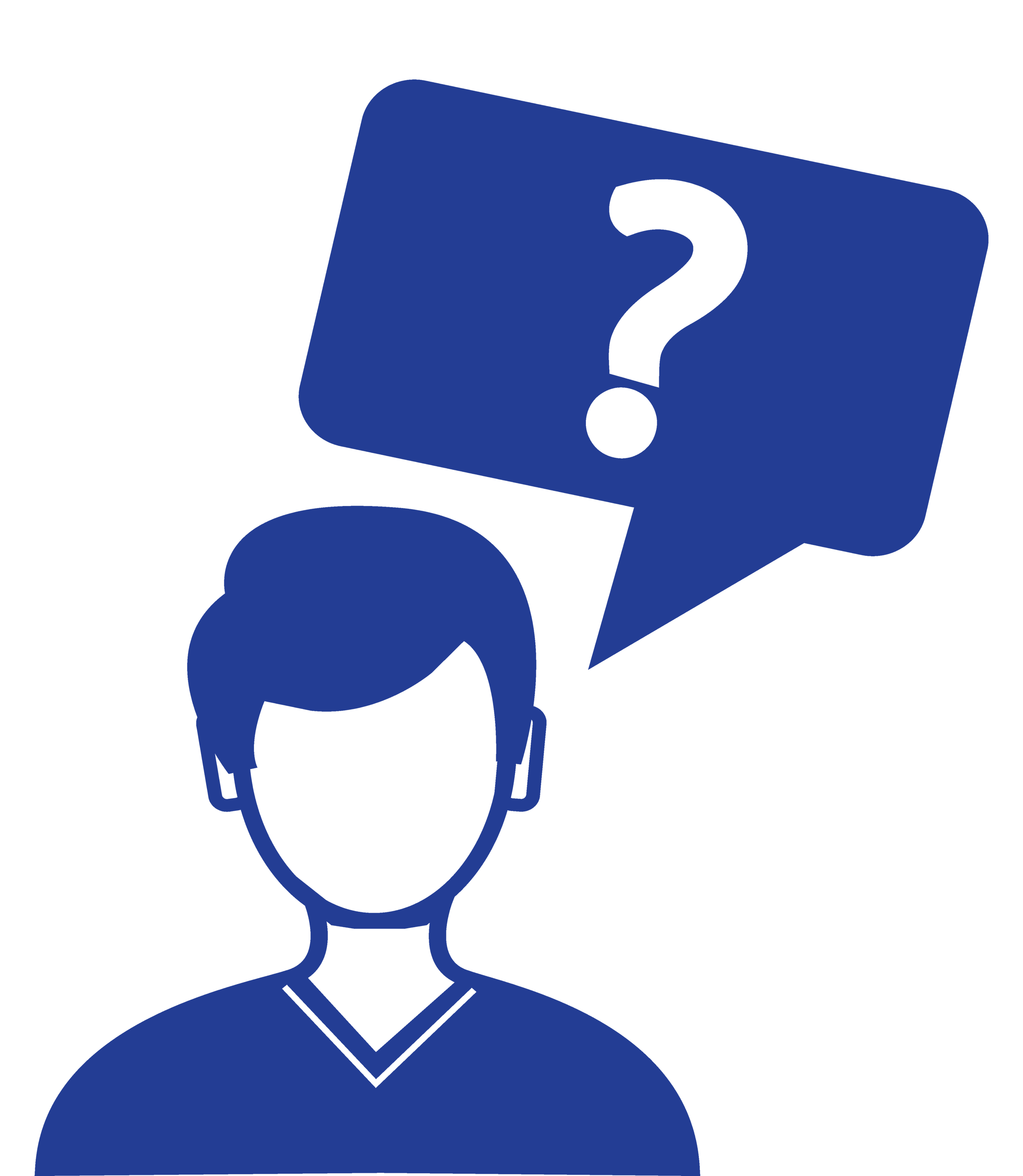 A person with a question bubble as a blue graphic