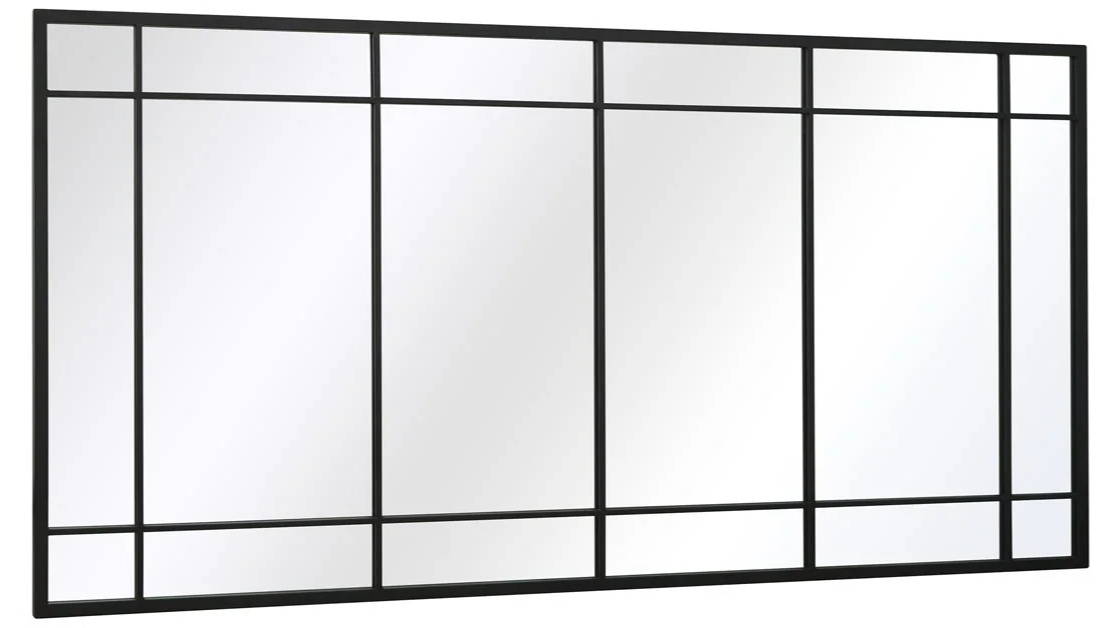 Black-framed rectangular mirror with a grid design, reflecting light.