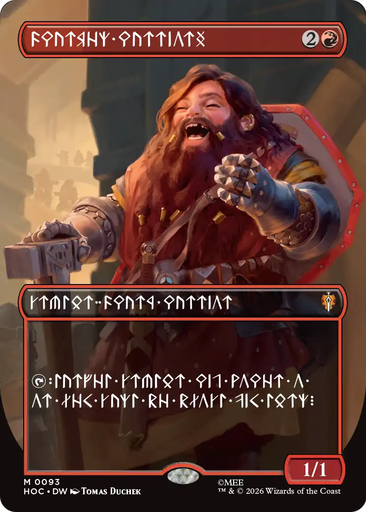 The card Dwarven Warrior with the Dwarvish Language art treatment from the MTG The Hobbit set.