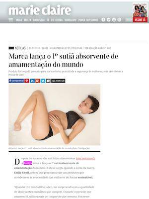 imagem da página do site Marie Claire com a seguinte manchete: Marca lança o primeiro sutiã absorvente de amamentação do mundo