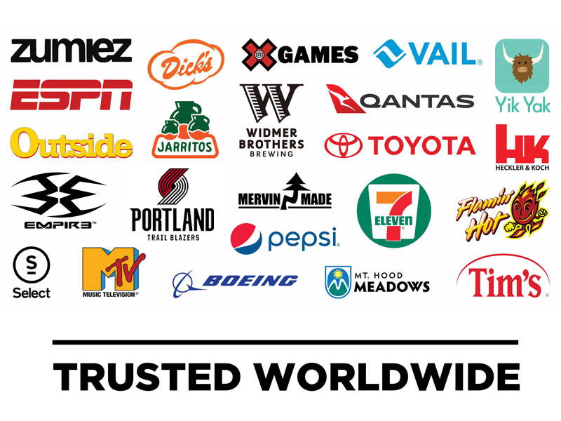 Trusted worldwide - Graphic with brands on them such as Zumiez, ESPN, Jarritos, Portladn Trail Blazers, 7ELEVEN, X-Games, Flamin Hot