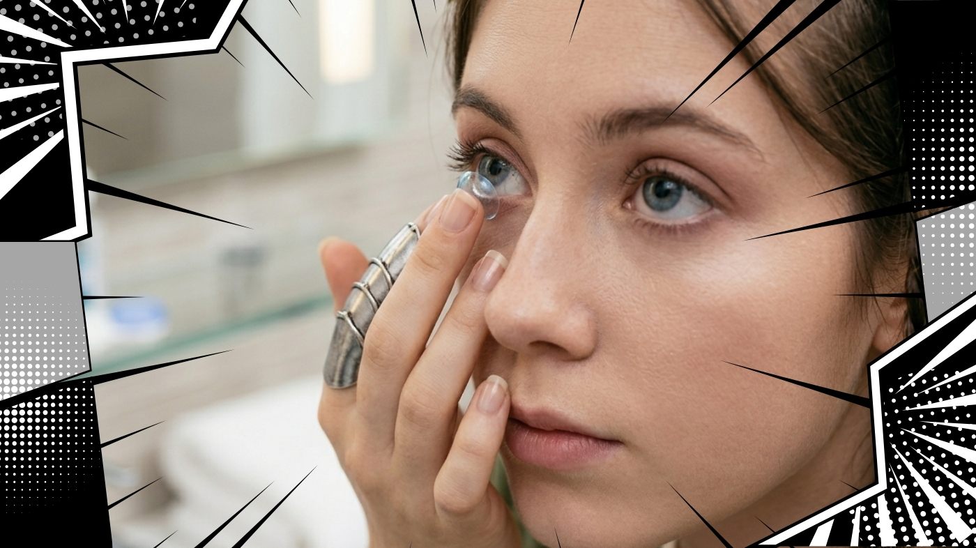 Close-up of clean hands carefully removing a colored contact lens from an eye in soft natural lighting