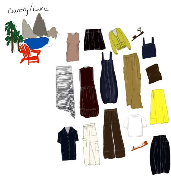 illustrated country lake with clothes