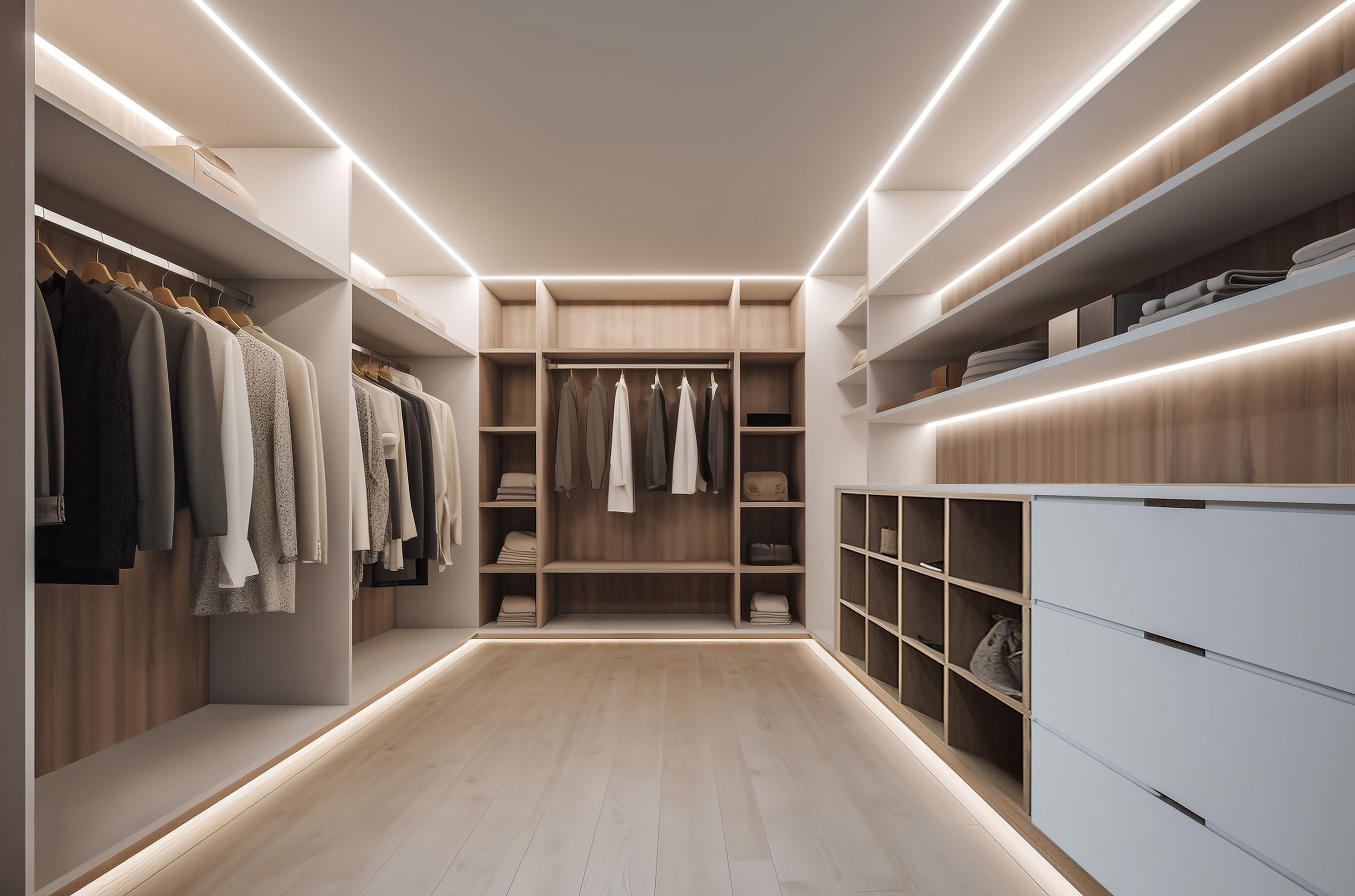 Modern closet with hanging clothes, shelves, and soft lighting.
