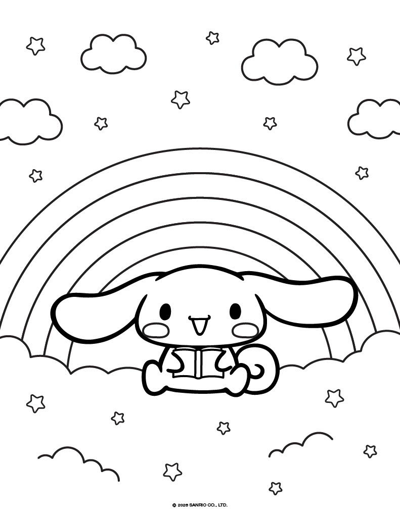 Cinnamoroll sitting on clouds with rainbow and stars in the background.