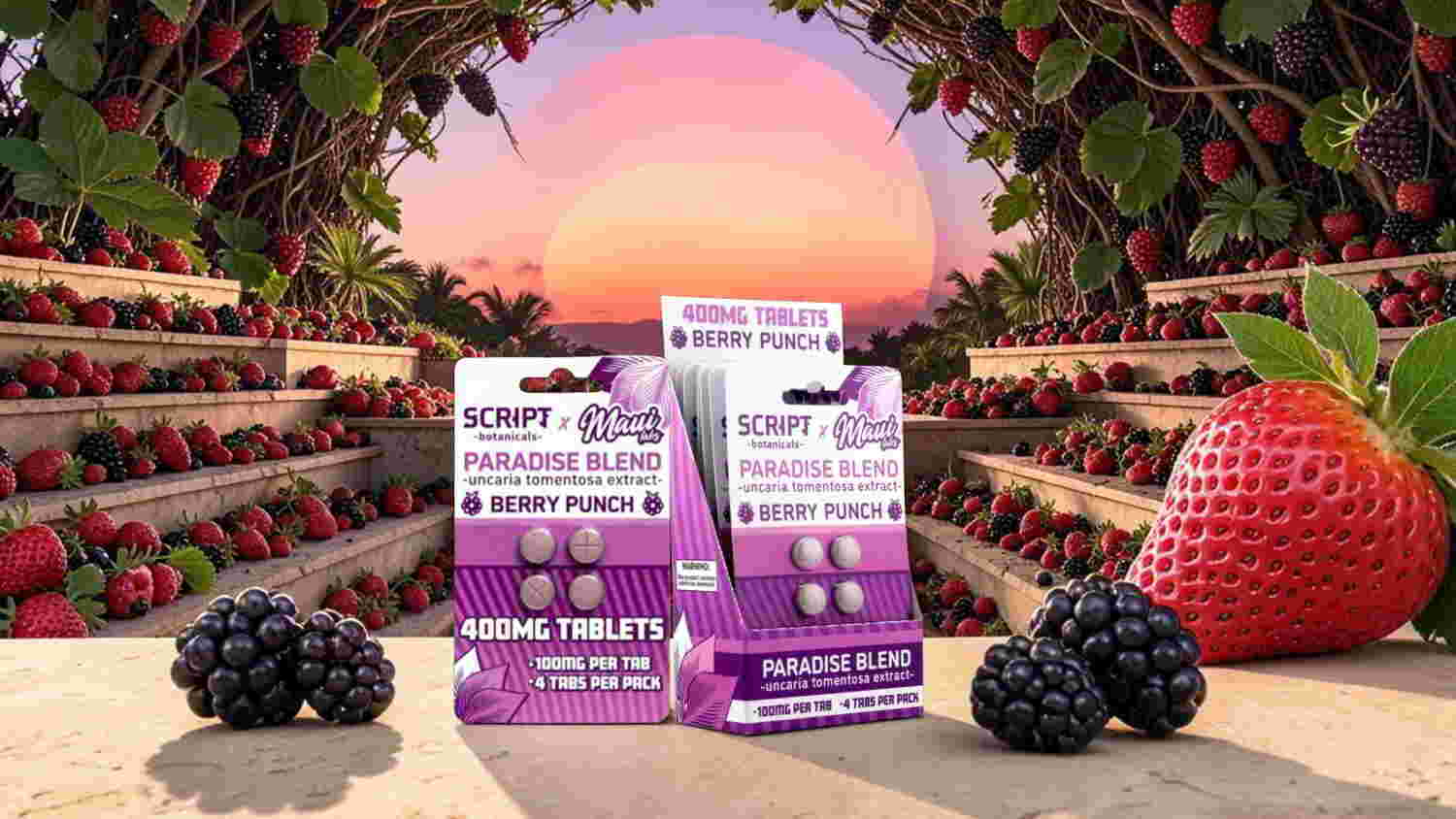 Bottles of supplements surrounded by berries and a sunset background.