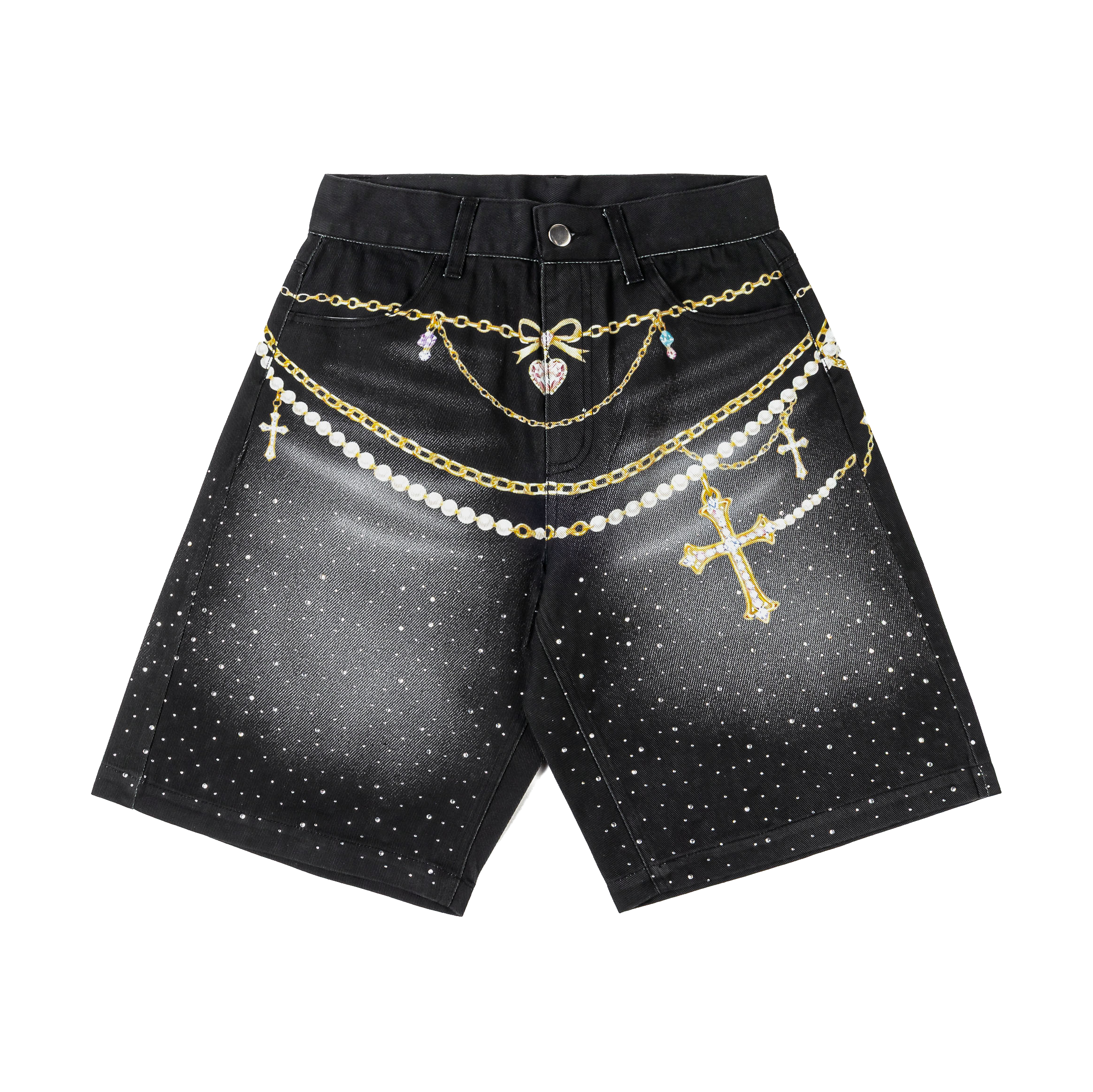 Black shorts with decorative chains and crosses.