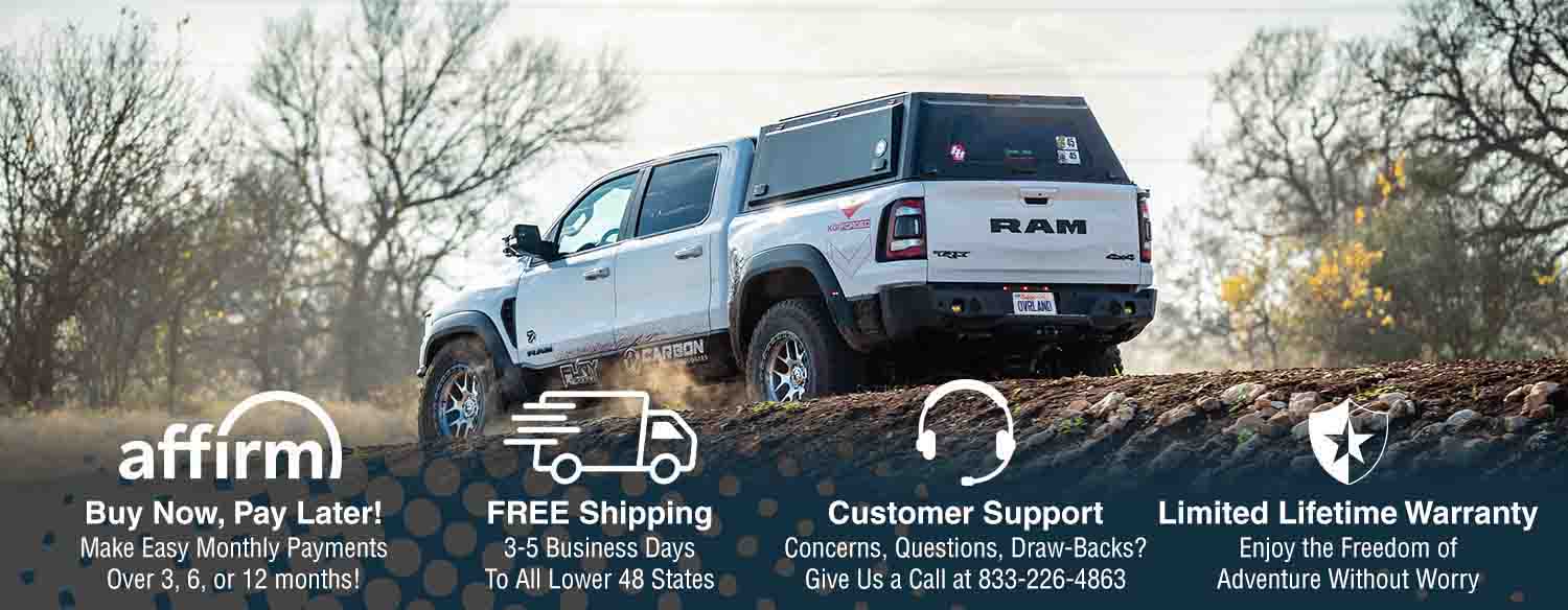 White pickup truck driving on a dirt road with promotional text below.