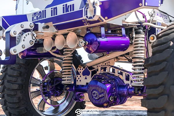 Rear undercarriage purple differential air tank four white horn bells coilovers chrome wheels Chad's 2017 Jeep Wrangler Conductor's Special 244K Spare Tire Delete gallery photo 5