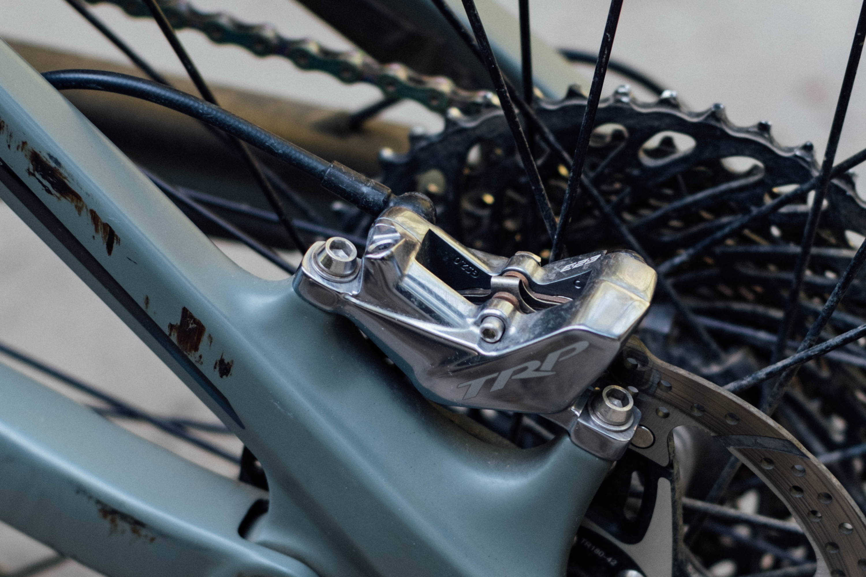 TRP DH-R Evo mountain bike brakes review rear caliper installed