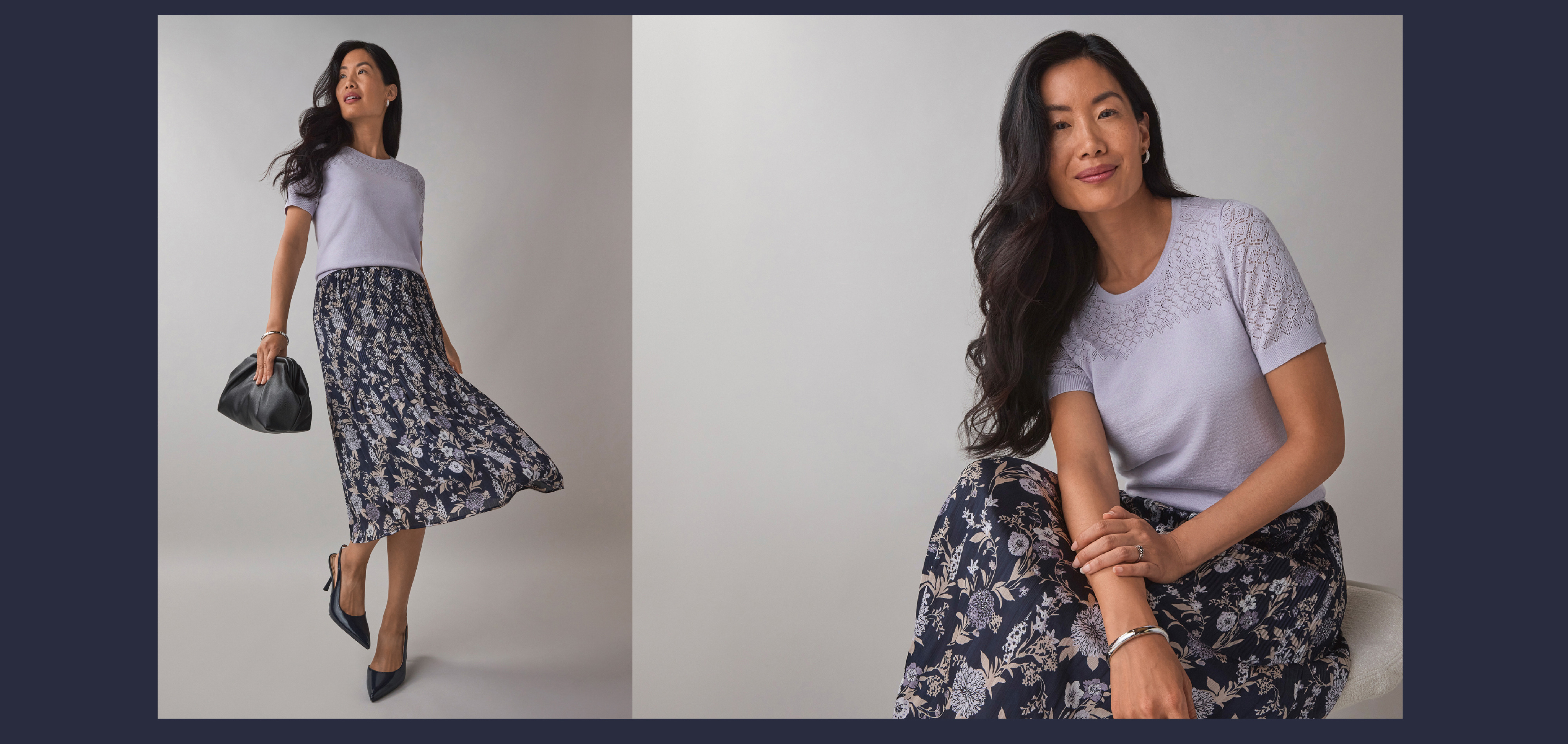 Woman in a floral skirt and t-shirt, posing and smiling.