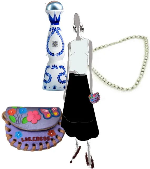 Fashion illustration featuring a stylish outfit and accessories.