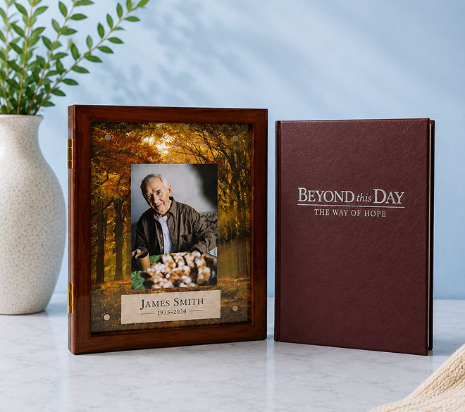 Photo frame with a portrait and a book titled 