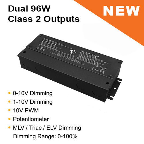 Black dual 96W dimming driver with output specifications and features listed.