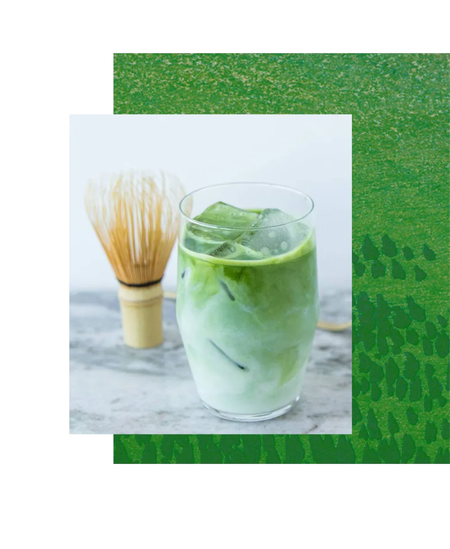 tealeaves iced tencha matcha latte and whisk and green background