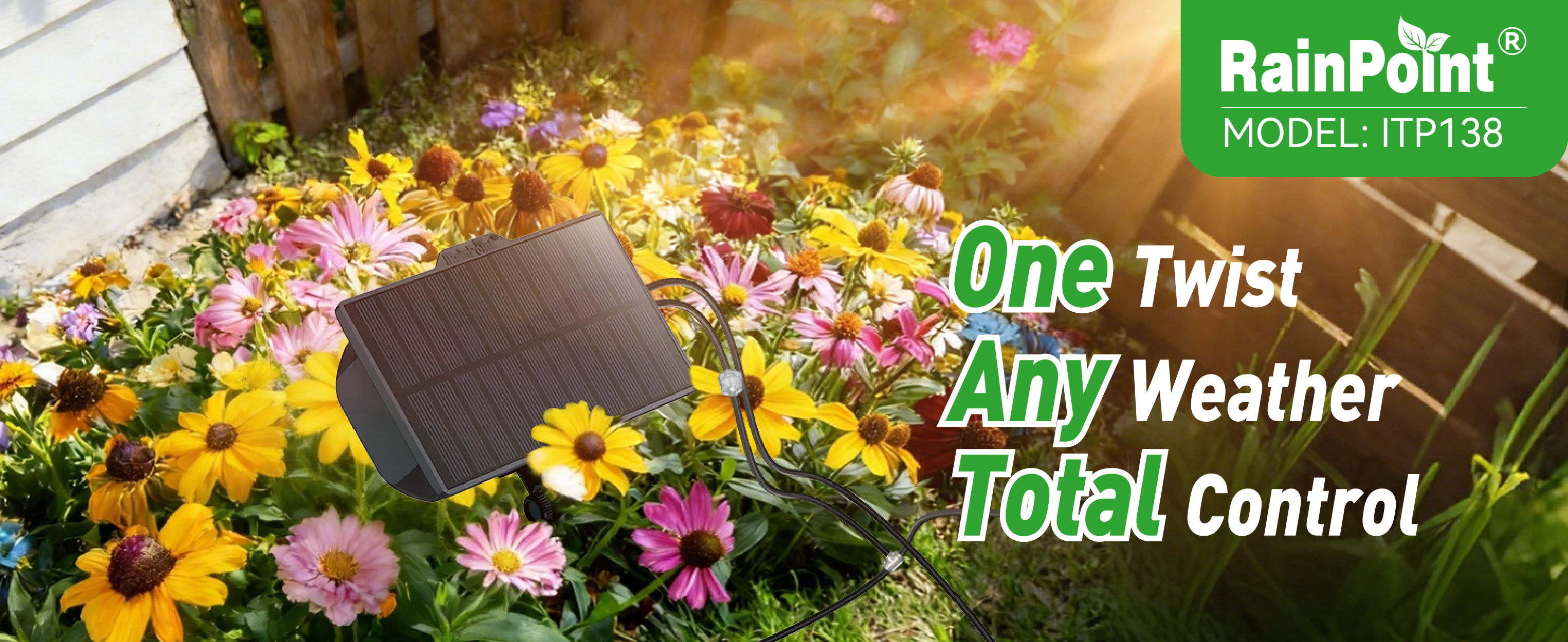 RainPoint weather control device amid colorful flowers with promotional text.