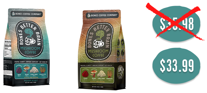 It has the two mushroom coffee bags added up to equal out to a price of thirty-tree dollars and ninety-nine cents.