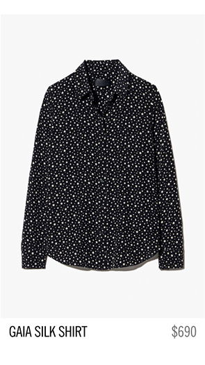Black silk shirt with white polka dots, featuring a collar and button front.