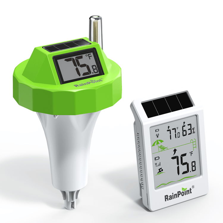Two temperature monitoring devices, one green and one white, displaying temperature readings.