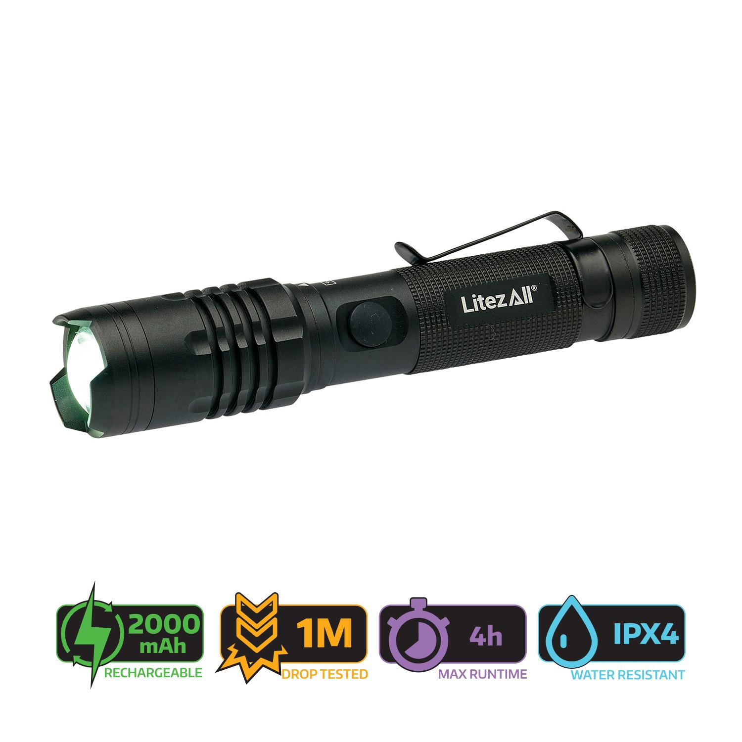 LitezAll 22668 Rechargeable Tactical Flashlight including Power Bank 1000 Lumens