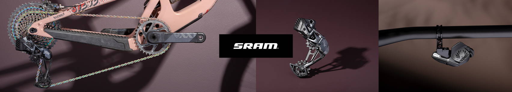 SRAM hero banner GX AXS Drivetrain components rear derailleur controller on a purple background