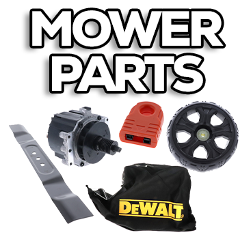 Mower parts including blade, wheel, and accessories.
