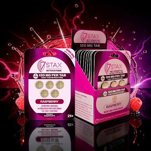Packaging of 7 Stax raspberry-flavored tablets on a vibrant background.