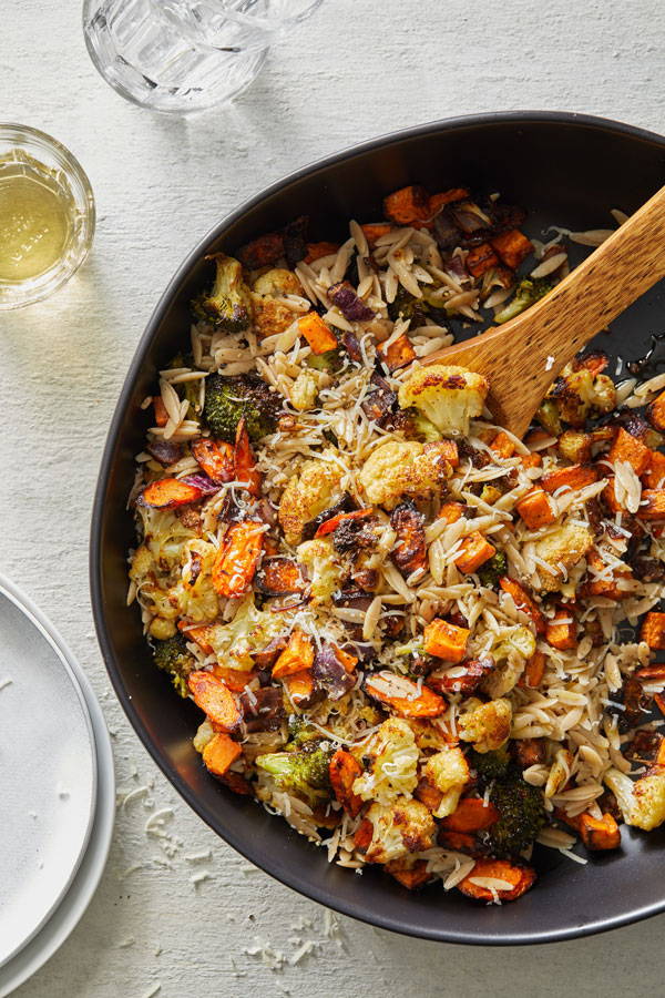 Whole-wheat orzo with garlicky roasted vegetables recipe