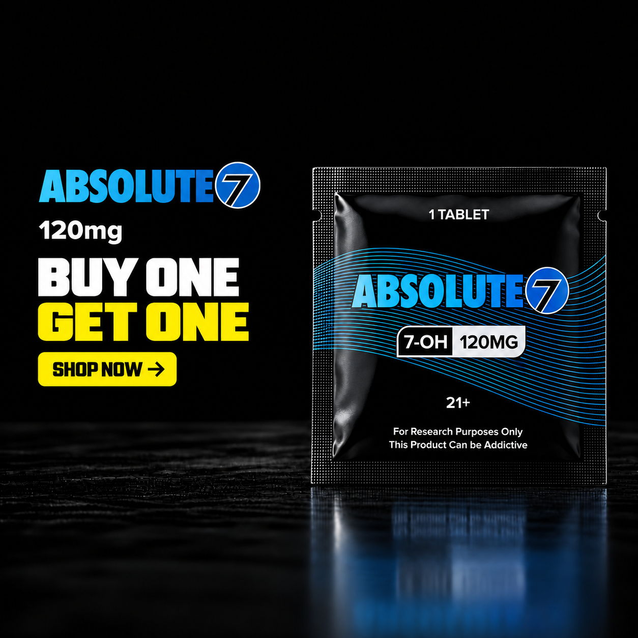 Absolute 7 product advertisement with promotional offer and dosage information.