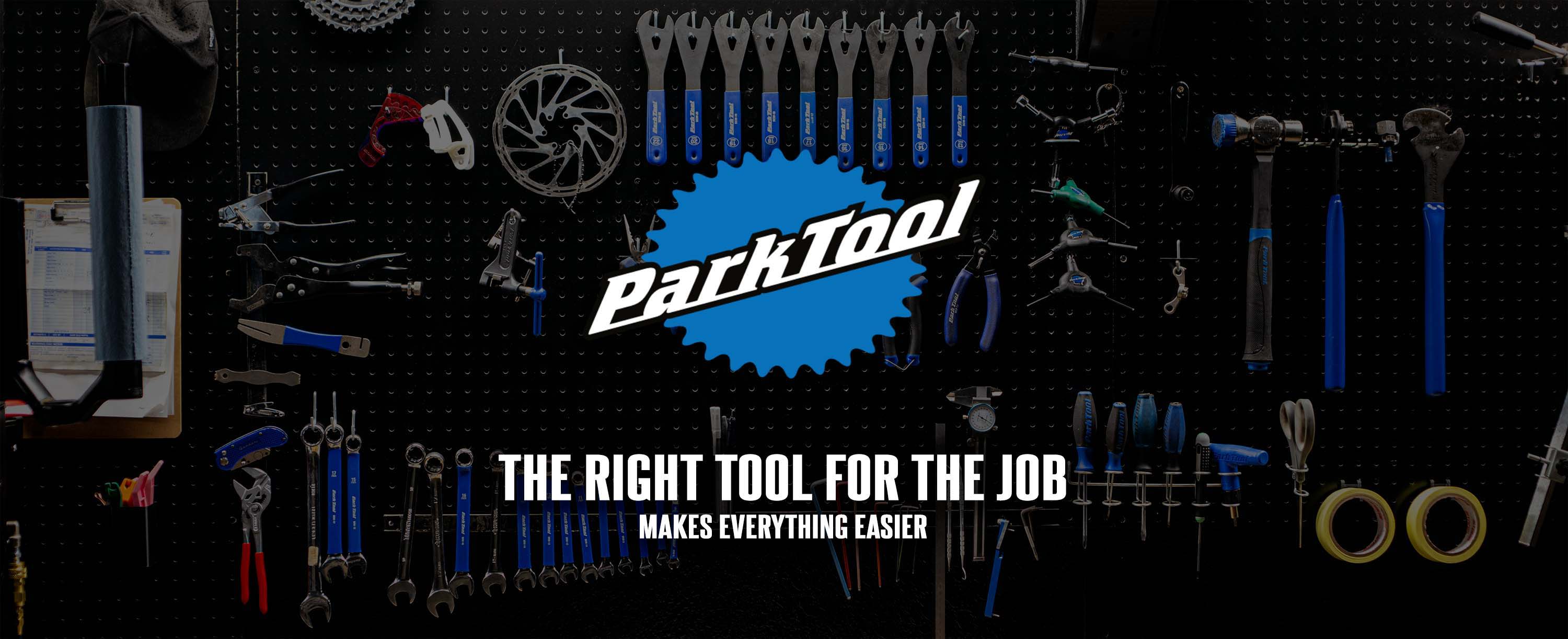 Park tool mountain bike tools slider graphic mtb tools hanging on a work bench