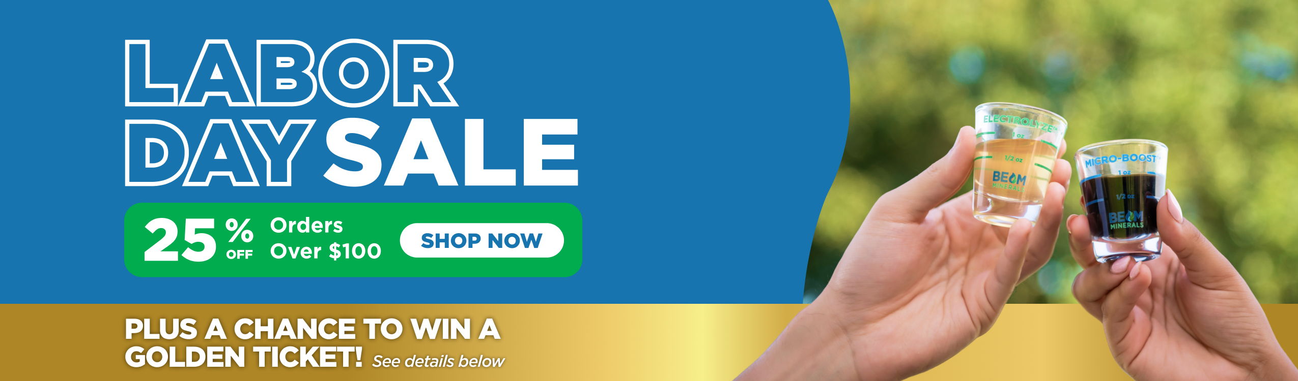 Labor Day Sale banner with hands holding products and promotional text.