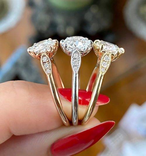 diamond engagement rings in rose, white and yellow gold