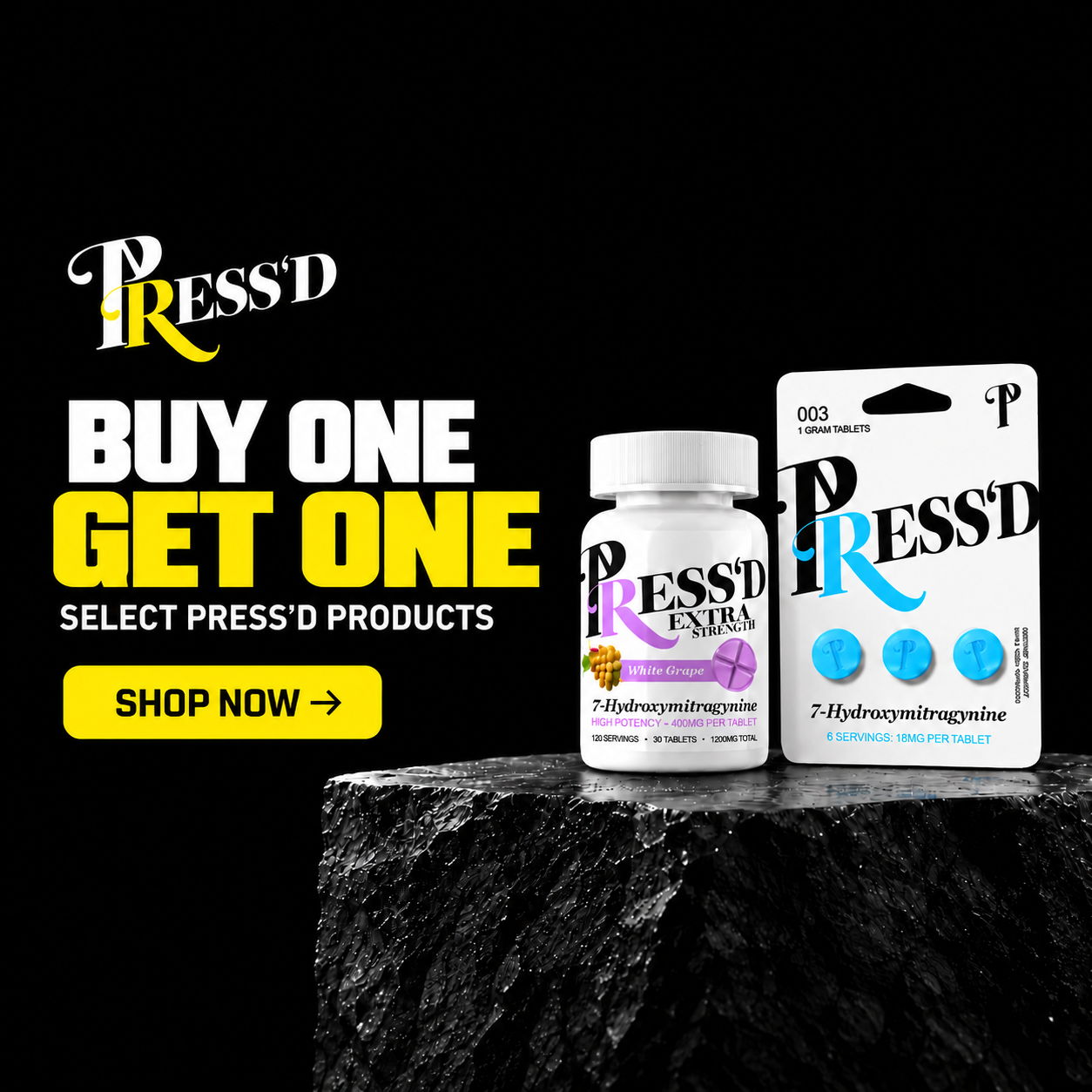 Promotional image for PRESS'D products: buy one, get one offer.